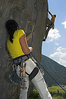 攀登者,登山,女人,绳索,序列,石头,运动,运动员,人,上升