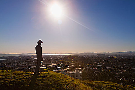 剪影,一个,男人,帽子,站立,山,风景,奥克兰,新西兰