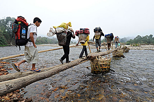 缅甸,区域,搬运工,穿过,河,竹子,桥
