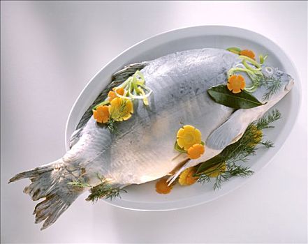 鲤鱼,烹饪,蓝色,大浅盘,蔬菜,药草