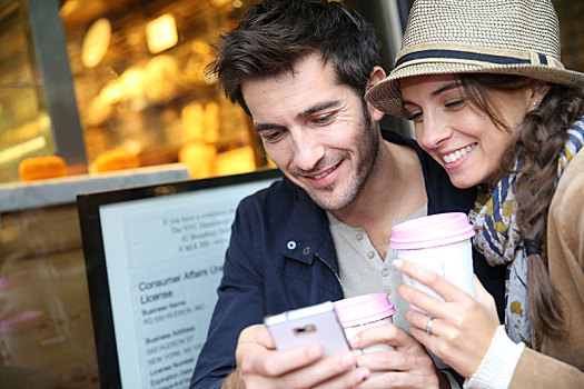 情侣,咖啡馆,联系,智能手机