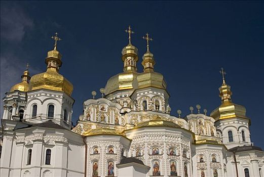 乌克兰,基辅,寺院,洞穴,风景,大教堂,金色,圆顶,发光,蓝天,2004年