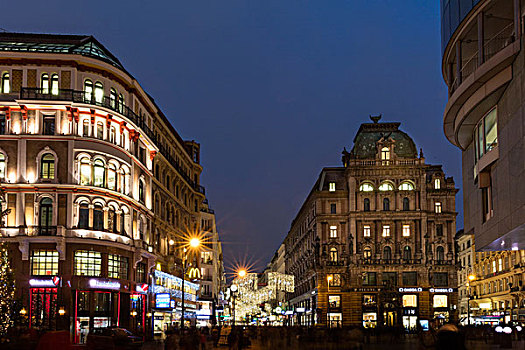 维也纳,步行街,奥地利,晚间,蓝色,钟点,灯,光亮