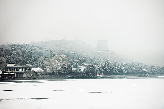 雪中雾蒙蒙的颐和园佛香阁