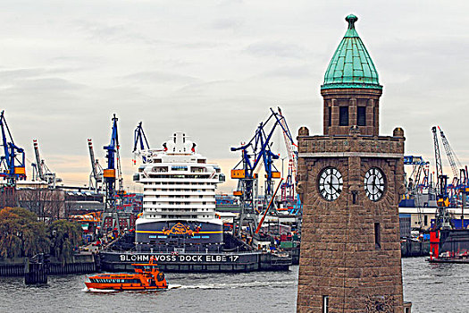 船,船只,大,游轮,班轮,码头,汉堡市,港口,河,船厂,德国,欧洲