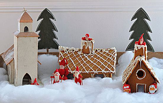 木质,模型,瑞典,教堂,姜饼屋,圣诞老人,小雕像,人造,雪