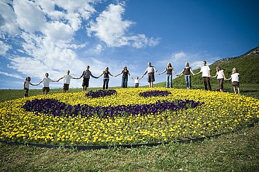 大家庭,群体,笑脸,花,展示