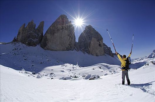 雪鞋,正面,山,意大利,三个山峰,山谷,高,多罗迈特,阿尔卑斯山,欧洲