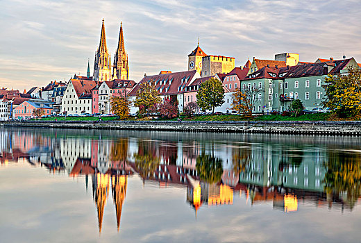 风景,上方,多瑙河,大教堂,水岸,秋天,雷根斯堡,普拉蒂纳特,巴伐利亚,德国,欧洲