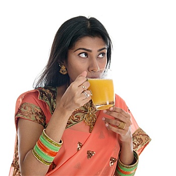 印度女人,喝,橙汁