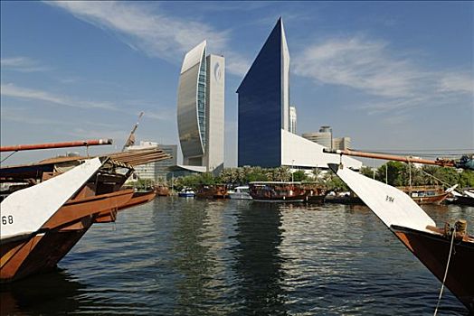 木质,独桅三角帆船,迪拜河,阿联酋,阿拉伯,近东