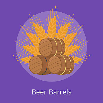三个,啤酒,桶,不同,穗,小麦,紫色背景,象征,节日