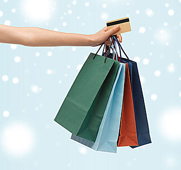 购物,销售,礼物,圣诞节,圣诞,概念,女人,购物袋,信用卡