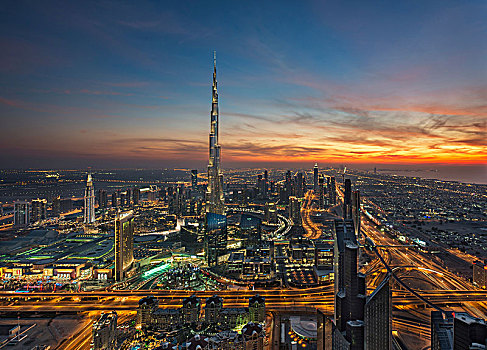 城市,迪拜,阿联酋,黄昏,哈利法,摩天大楼,远景