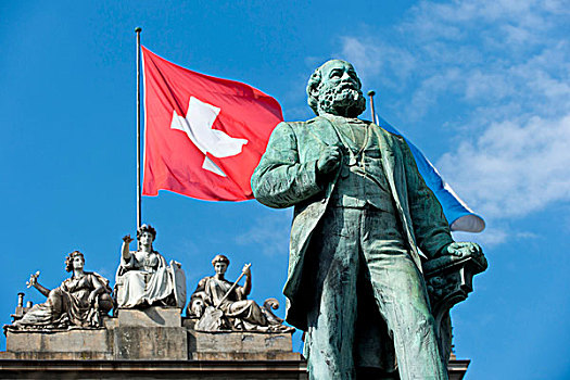 瑞士,旗帜,飞,后面,雕塑,阿尔佛雷德,政治家,商务,领导,铁路,正面,中心,车站,苏黎世,欧洲
