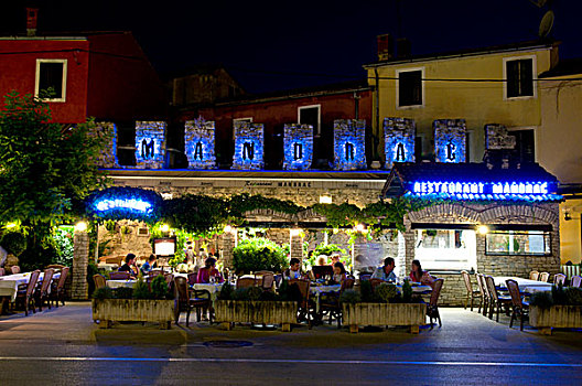 餐馆,历史名镇,夜景,伊斯特利亚,克罗地亚,欧洲