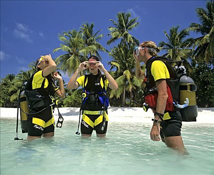 水中呼吸器,授课,浅水,棕榈树,海滩,马尔代夫,印度洋