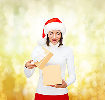 圣诞节,圣诞,冬天,高兴,概念,吃惊,女人,圣诞老人,帽子,礼盒