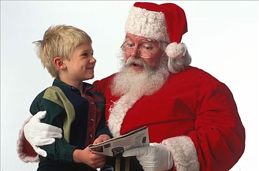 男孩,坐,圣诞老人,读,杂志,红色,外套,帽子,白手套,脸