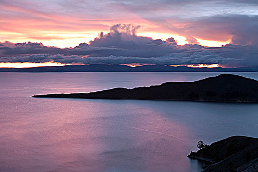 日落,上方,提提卡卡湖,靠近,玻利维亚,南美