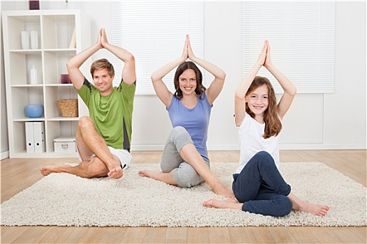 微笑,家庭,练习,瑜珈,地毯