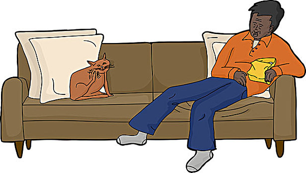 隔绝,沙发,疲倦,男人,猫