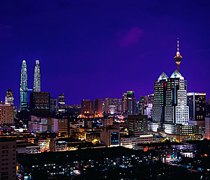天际线,佩重纳斯大厦,塔,夜晚,吉隆坡,马来西亚