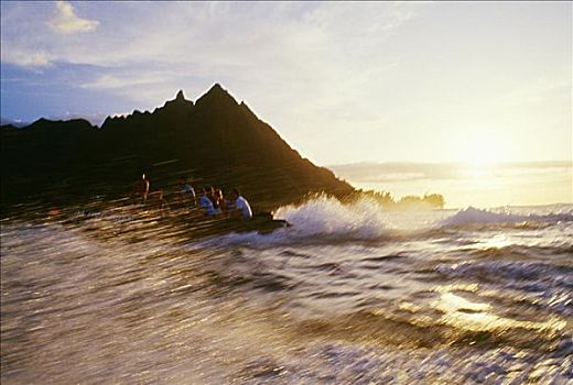 夏威夷,考艾岛,纳帕利海岸,许多人,黄道十二宫,悬崖,海洋,日落