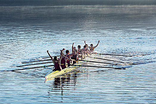 划船,团队,庆贺,短桨,湖