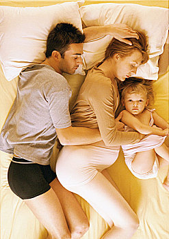 男人,孕妇,孩子,卧,床上,俯视图