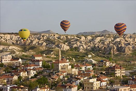 热气球,飞行,上方,火山,石灰华,岩石构造,卡帕多西亚,土耳其