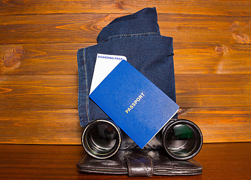 旅行,计划,护照,登机证,双筒望远镜