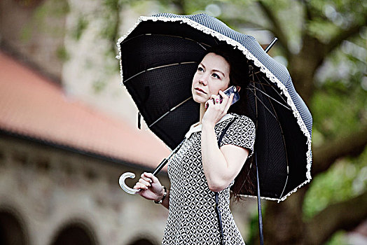 美女,复古,伞,连衣裙,电话,智能手机