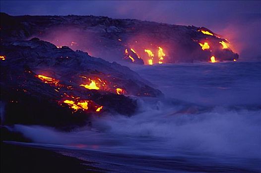 夏威夷,夏威夷大岛,夏威夷火山国家公园,熔岩流,海洋,夜晚,创作,紫色,薄雾