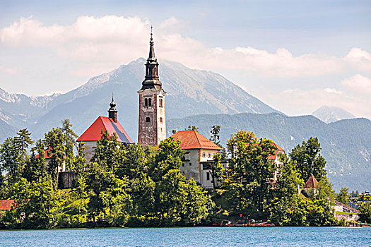 岛屿,天主教,教堂,流血,湖,斯洛文尼亚,山,背景