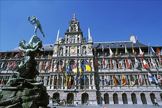 比利时,大广场,市政厅,旗帜,雕塑