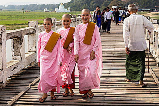 女僧侣,柚木桥,桥,世界,阿马拉布拉,曼德勒,缅甸,亚洲