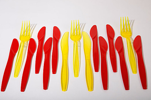 红色,黄色,塑料制品,餐具,刀,叉子,垃圾,德国,欧洲