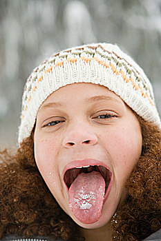 女孩,雪,舌头