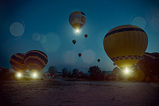 光亮,热气球,上升,天空,夜晚,卡帕多西亚,安纳托利亚,土耳其