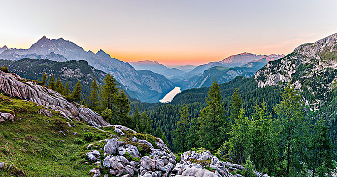 全景,风景,上方,左边,瓦茨曼山,右边,日落,国家公园,贝希特斯加登地区,上巴伐利亚,巴伐利亚,德国,欧洲