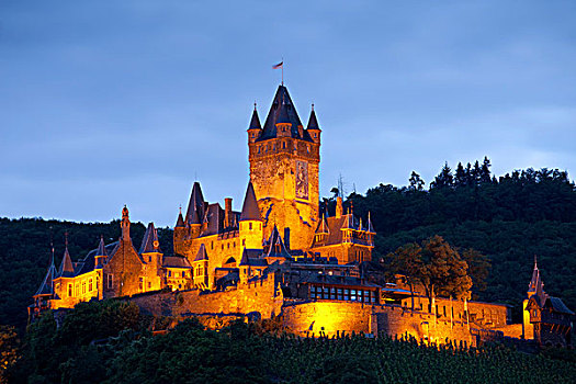 城堡,夜晚,科赫姆,莱茵兰普法尔茨州,德国,欧洲