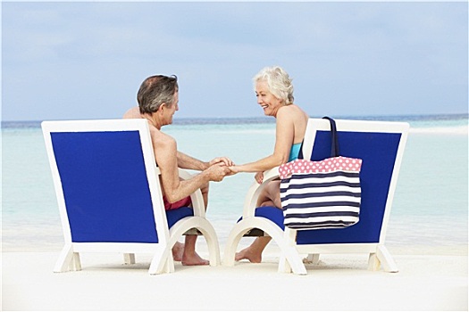 老年,夫妻,海滩,放松,椅子
