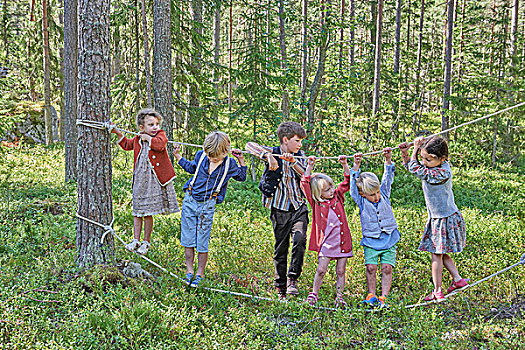 女孩,男孩,穿,复古,衣服,平衡性,绳索,树林