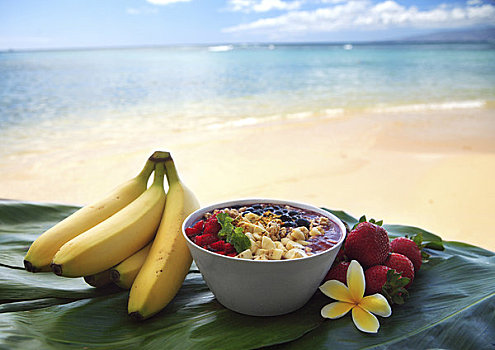 夏威夷,瓦胡岛,健康,有机,浆果,碗,产品,蓝色,海洋,背景