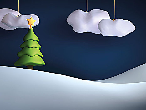 插画,圣诞树,悬挂,云,天空