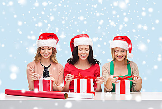 圣诞节,圣诞,冬天,高兴,概念,三个,微笑,女人,圣诞老人,帽子,礼盒