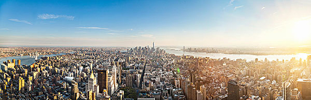 浩大,全景,城市,摩天大楼,远景,河,纽约,美国