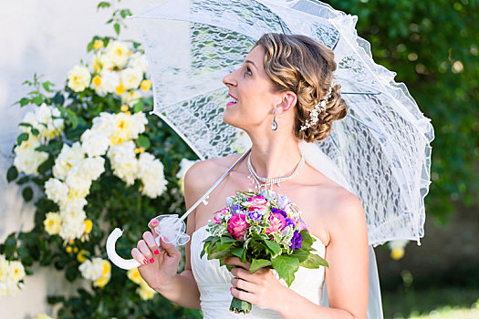 新娘,婚礼,伞,花园