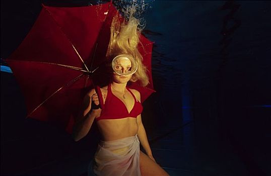 女人,穿,潜水镜,红色,伞,水下,游泳池,上奥地利州,欧洲